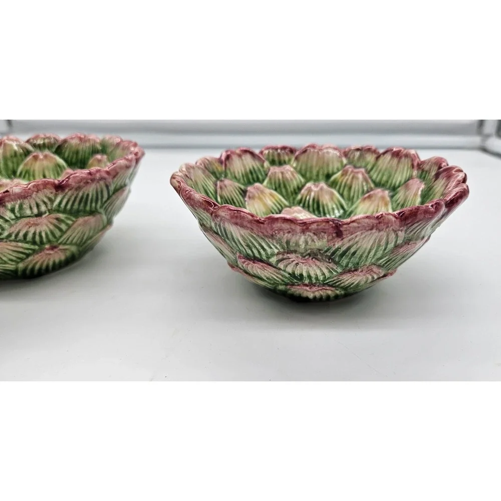Fitz & Floyd 1991 Artichoke Bowls Set of 2 Green Purple Ceramic Botanical Decor